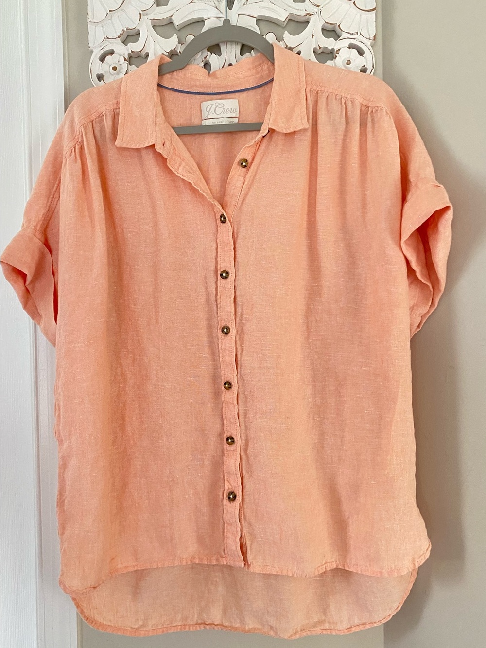J.Crew Relaxed Fit Baird McNutt Irish Linen Blouse Top Peach Coral L Boho